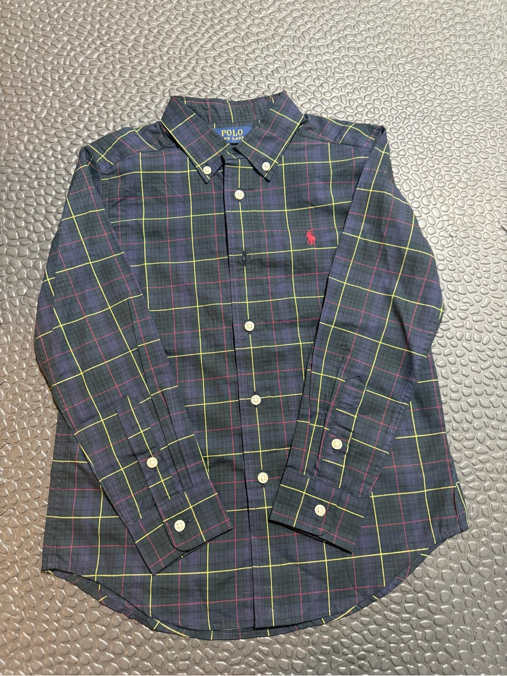 Ralph Lauren Kids Size 6 Navy Plaid Button-Down Shirt with Green & Red Lines New